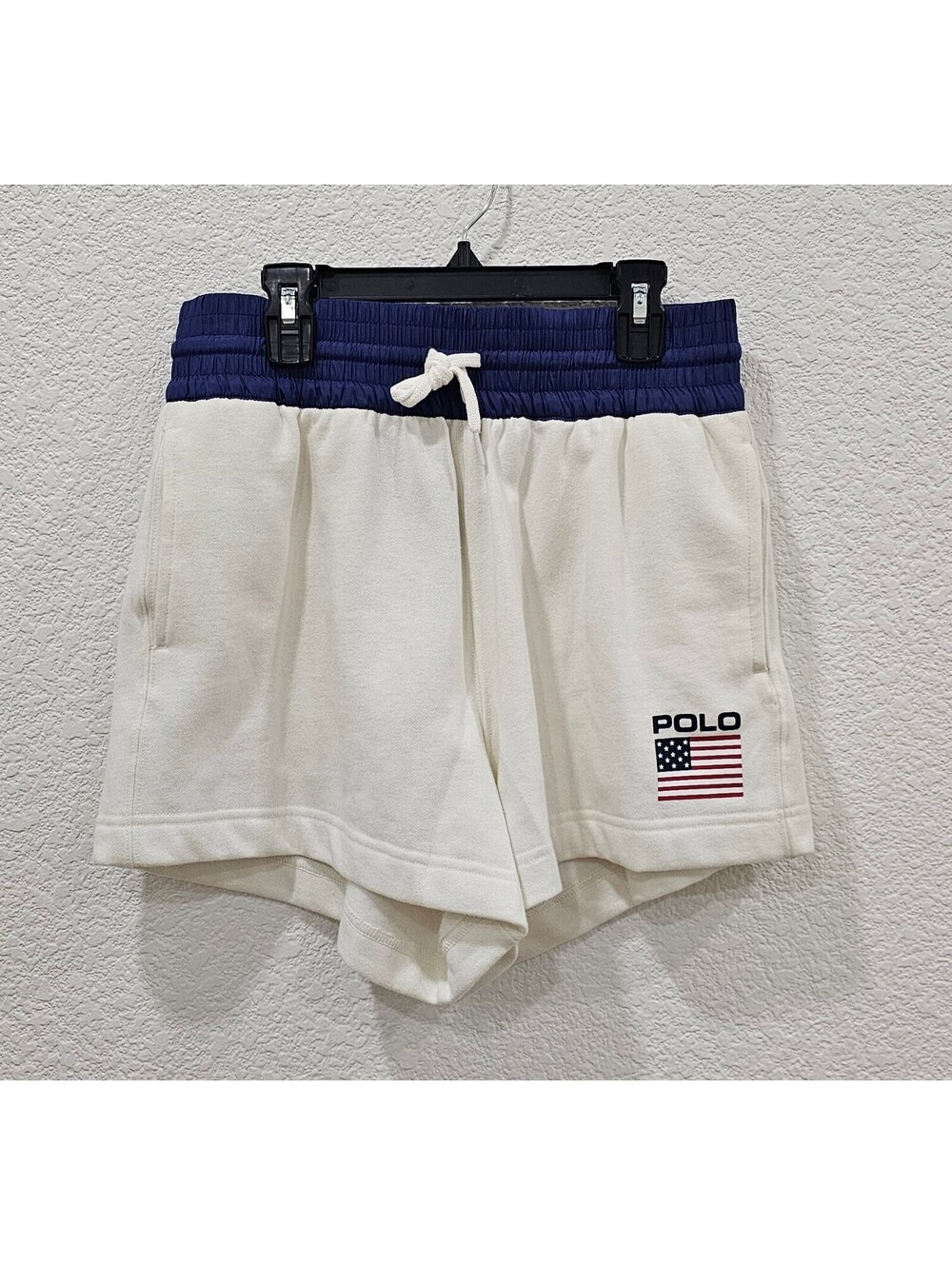 Polo Ralph Lauren Women’s Logo Flag Fleece Drawstring Shorts White Navy SP NWT